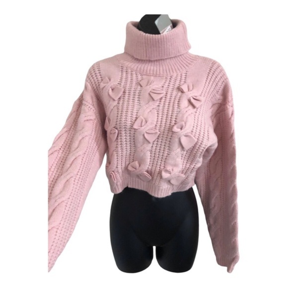 Pink chunky cable knit‎ pink bow crop turtleneck long sleeve sweater size large - Picture 1 of 11